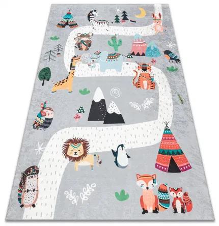 BAMBINO 2160 umývací koberec Indická dedina, zvieratá pre deti protišmykový - sivá Veľkosť: 120x170 cm