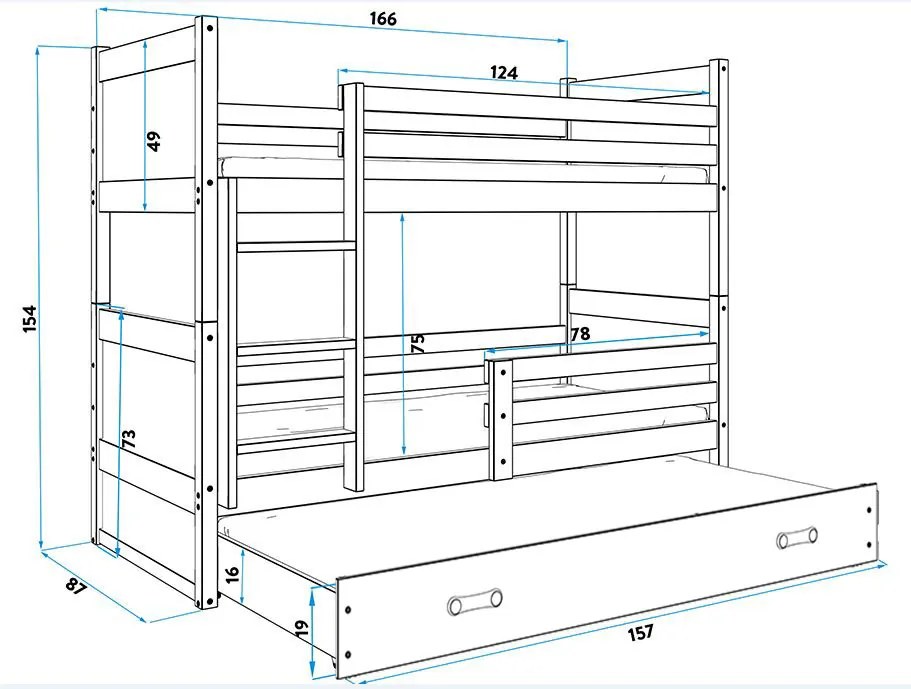 Poschodová posteľ s prístelkou RICO 3 - 160x80cm - Borovica - Modrý