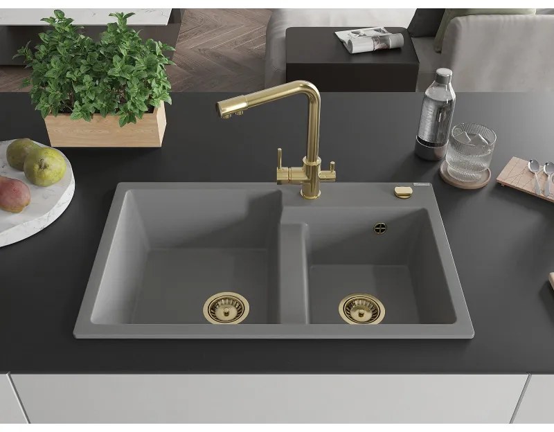 Mexen Tomas, granitový drez 800x500x190 mm, 2-komorový a zlatá batéria Duero, šedá, 6516-71-671600-50