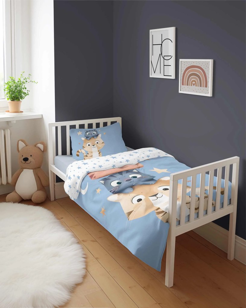 Detexpol Obliečky do postieľky 100x135 + 40x60 cm - Mačacie hviezdy modré