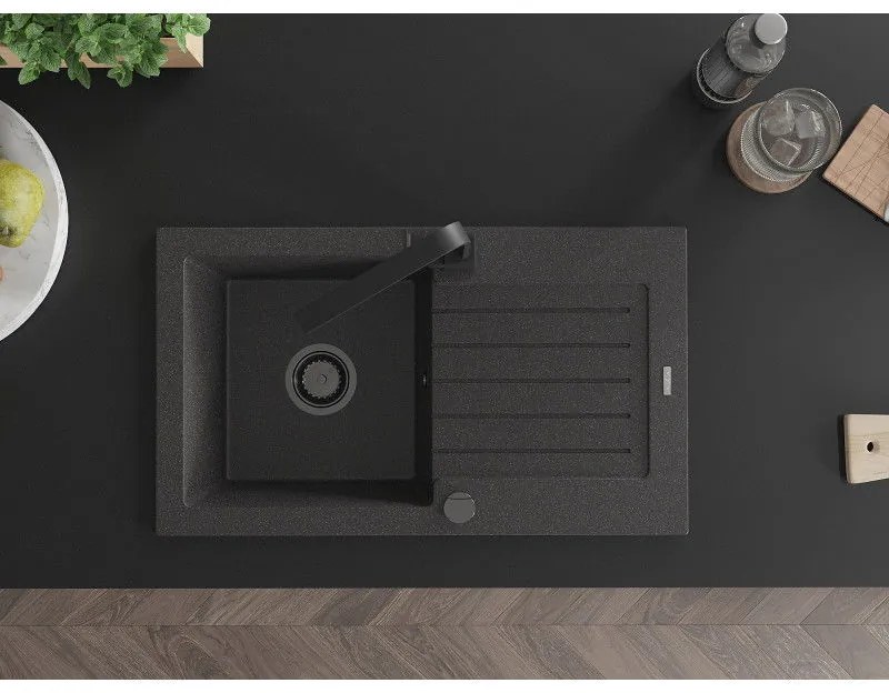 Mexen Pablo, granitový drez 752x436x161 mm, 1-komorový a čierna batéria Rita, čierna škvrnitá, 6510-76-670300-70-B
