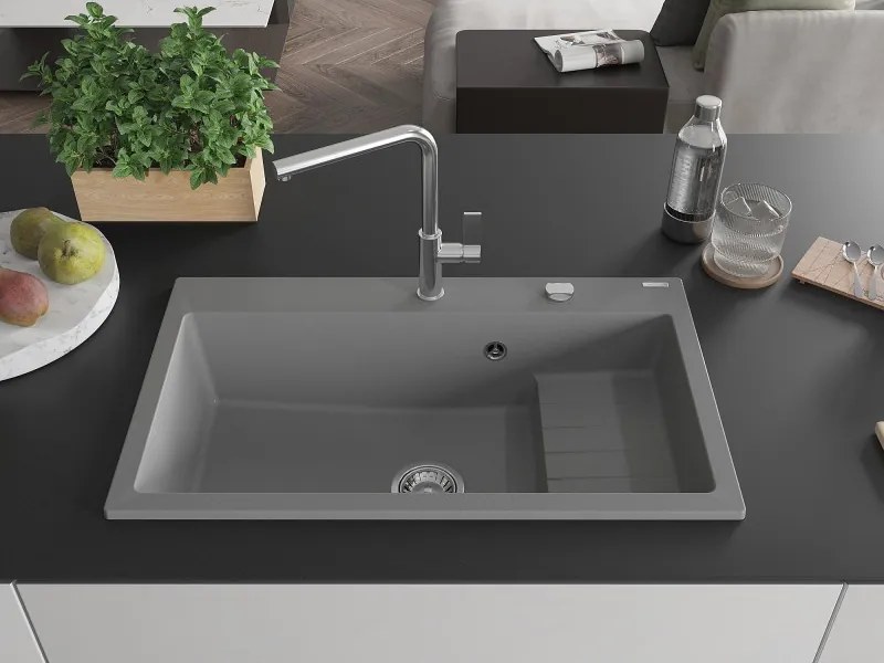 Mexen Omar žulový kuchynský drez s 1 komorou 800 x 480 mm, sivý, sifón chróm - 6520801005-71