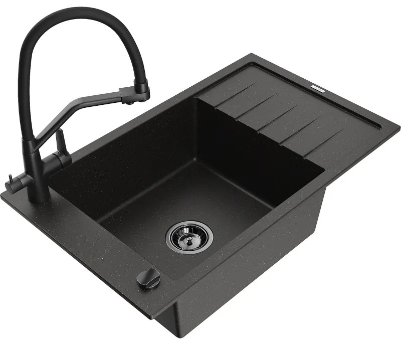 Mexen Elias, 1-komorový granitový drez 795x480x200 mm a drezová batéria Duo, čierna-zlatá metalíza, 6511-75-671701-70-B