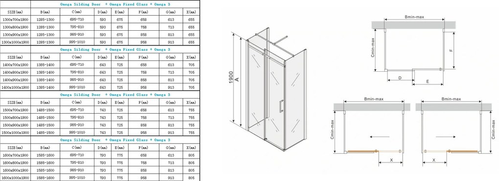 Mexen Omega, 3-stenný sprchovací kút s posuvnými dverami 130 (dvere) x 80 (stena) cm, 8mm číre sklo, chrómový profil, 825-130-080-03-00
