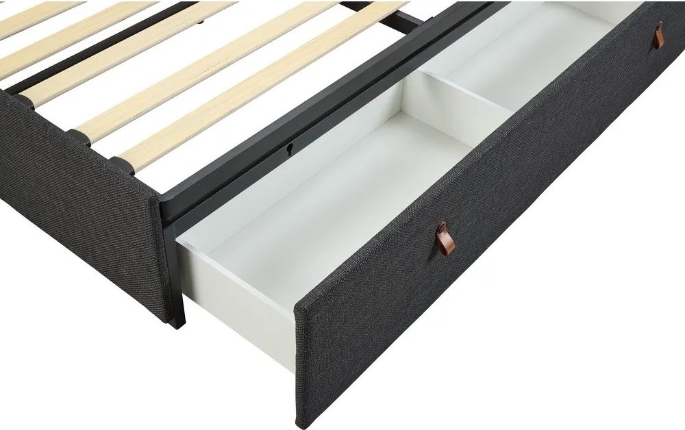 Tmavosivá čalúnená dvojlôžková posteľ s úložným priestorom s roštom 160x200 cm Calvi – Actona