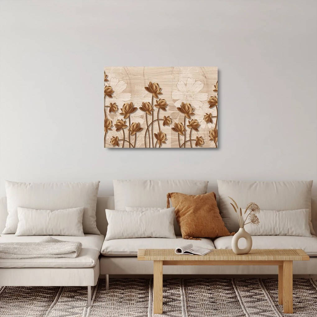 Sklenený obraz abstraktných kvetín - hnedá (70x50 cm)