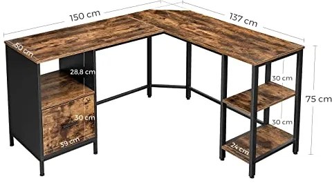 Rohový písací stôl, šuflík so závesným zakladačom, 75x150x137cm