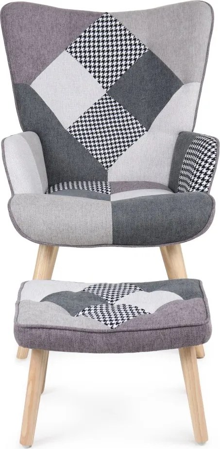 Relaxačné kreslo ušiak LISA + taburet — masív, látka, čiernobiely patchwork