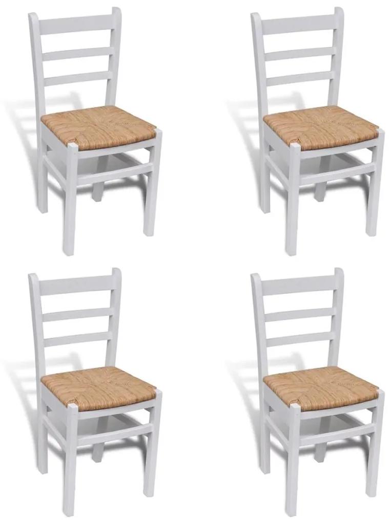 vidaXL Jedálenské stoličky 4 ks, biele, borovicové drevo a rákosie