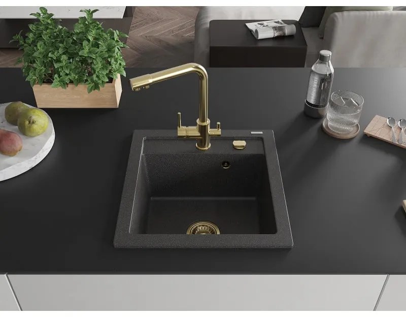 Mexen Vito, 1-komorový granitový drez 520x490x210 mm, zlatá batéria Duero, čierna škvrnitá, 6503-76-671600-50
