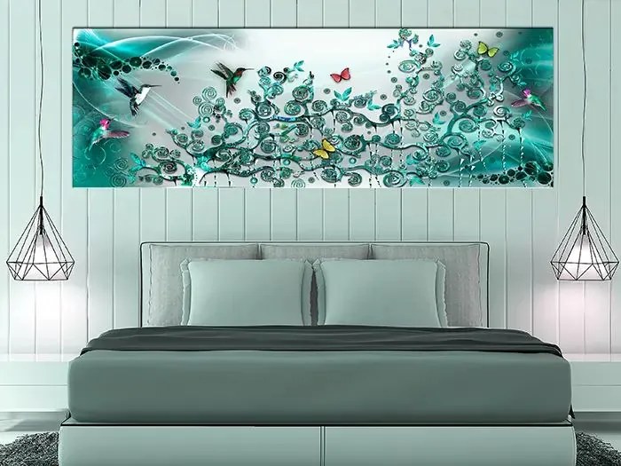 Obraz - Hummingbirds Dance (1 Part) Turquoise Narrow Veľkosť: 120x40, Verzia: Standard