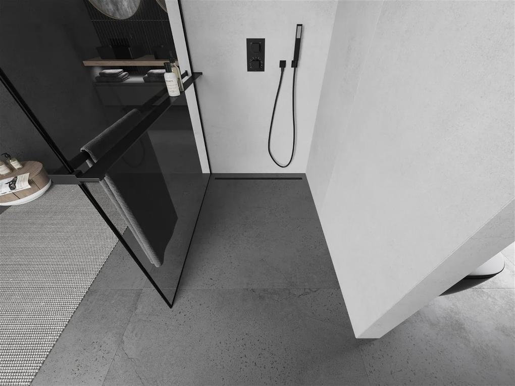 Mexen Kioto+, sprchová zástena s poličkou a držiakom na uteráky 90 x 200 cm, 8mm sklo číre sklo vzor čierny rám, čierny profil, 800-090-121-70-70