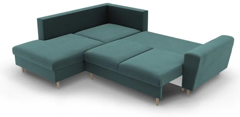 Zamatová rozkladacia/s úložným priestorom rohová pohovka v petrolejovej farbe (ľavý roh/do L) Kyoto – Cosmopolitan Design