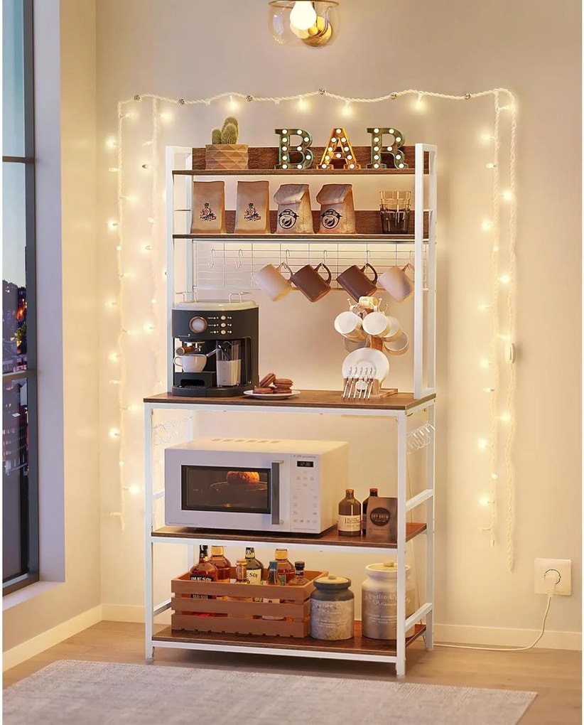 Kuchynská stojaca polica zo zástrčkami, regál s háčikmi, svetlý orech a biela farba