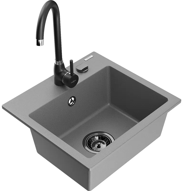 Mexen Milo, 1-komorový granitový drez 435x410x171 mm a čierna batéria Telma, šedá, 6505-71-670200-70-B