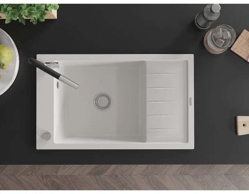 Mexen Elias, 1-komorový granitový drez 795x480x200 mm a drezová batéria Flora, biela, 6511-20-670401-07