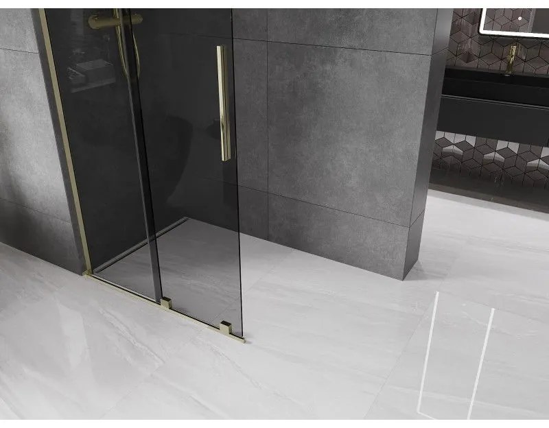 Mexen Velar L, posuvná sprchová zástena Walk-in 110 x 200 cm, 8mm šedé sklo, zlatá lesklá, 871-110-003-43-50