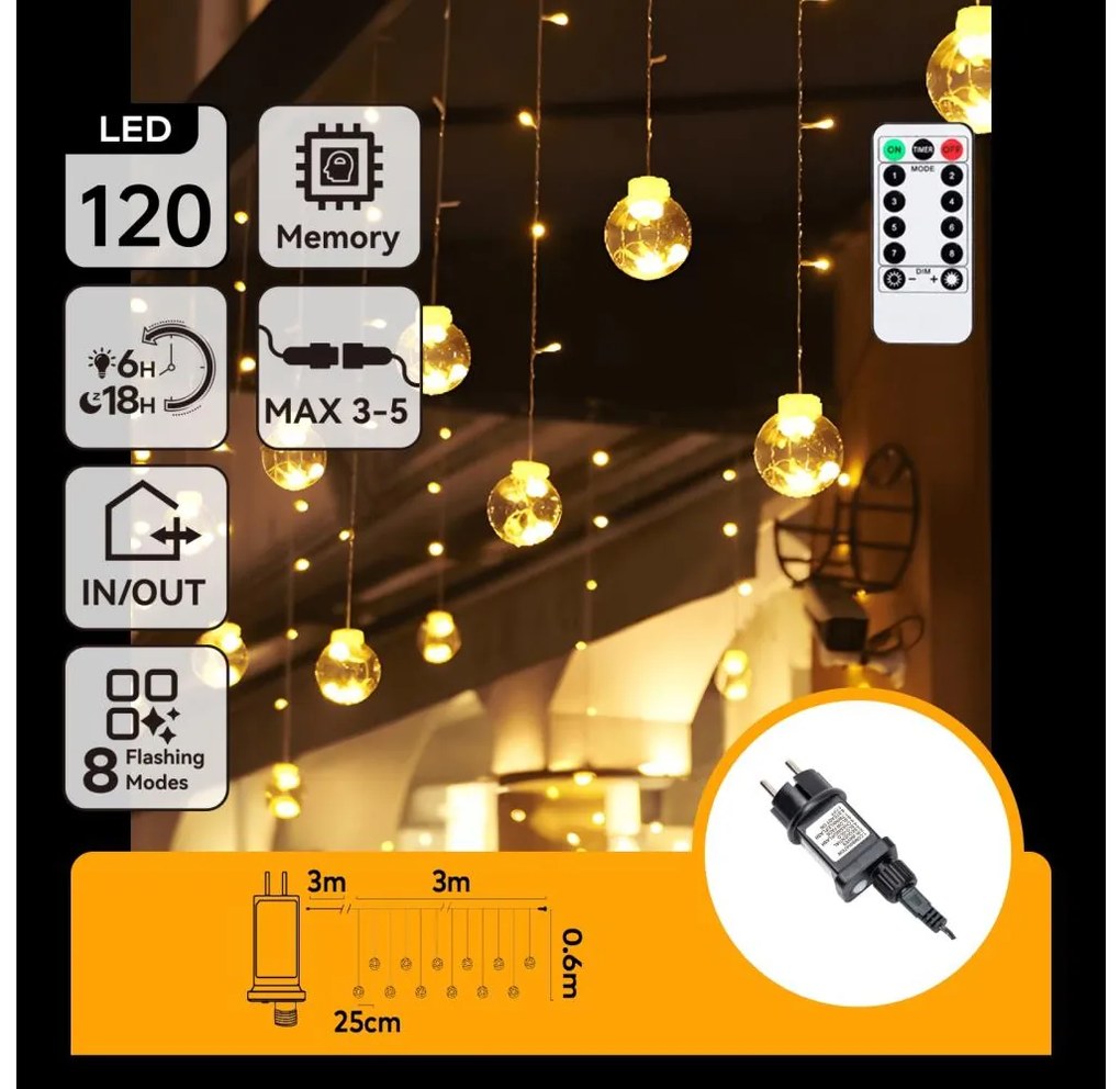 Aigostar - LED vonkajší vianočný reťazec 120xLED/6W/230V/8 funkcií 3x0,6m IP44 teplá biela+DO