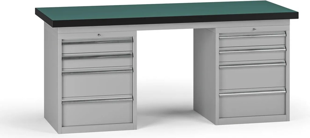 Pracovný stôl do dielne G8, 1800 x 750 x 800 mm, 2x kontejner, 8 zásuviek, sivá