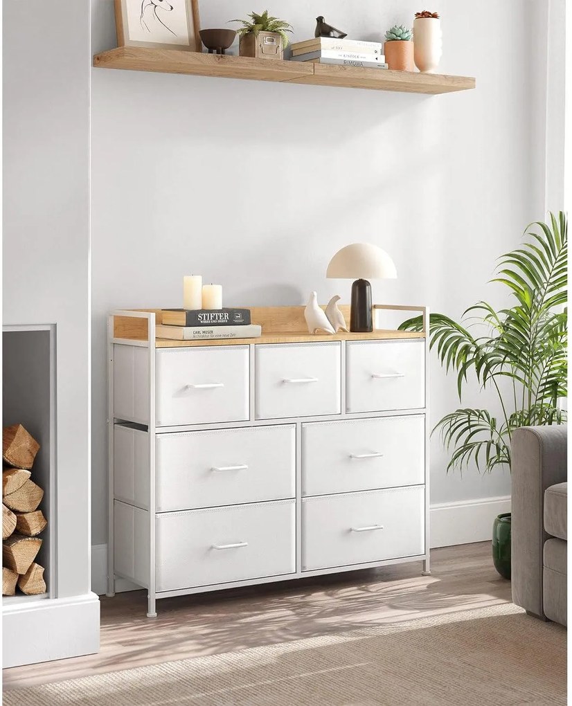 Komoda so 7 látkovými zásuvkami, kovový rám, farba dub a biela