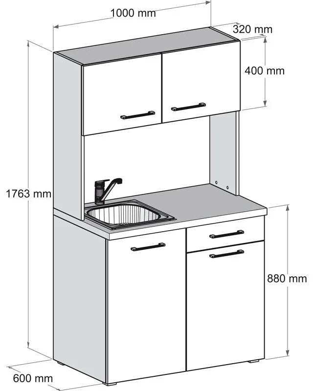 Kuchynka PRIMO , drez, batéria, 1/2 dvierka, biela/grafitová
