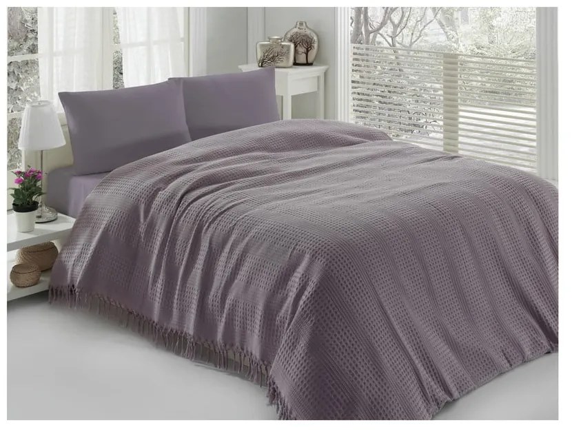 Fialová bavlnená prikrývka na dvojlôžko Pique, 220 × 240 cm