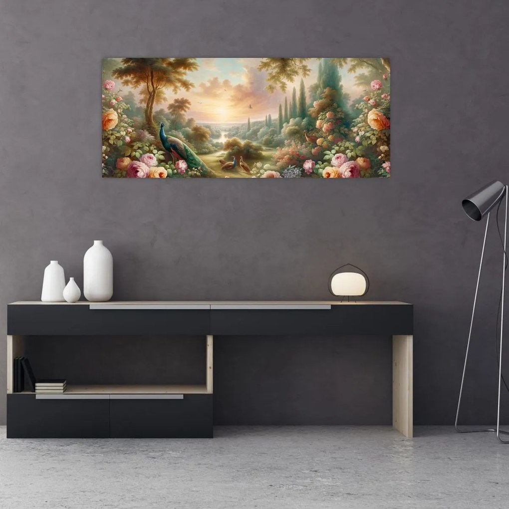 Obraz - Pávy v záhrade (120x50 cm)