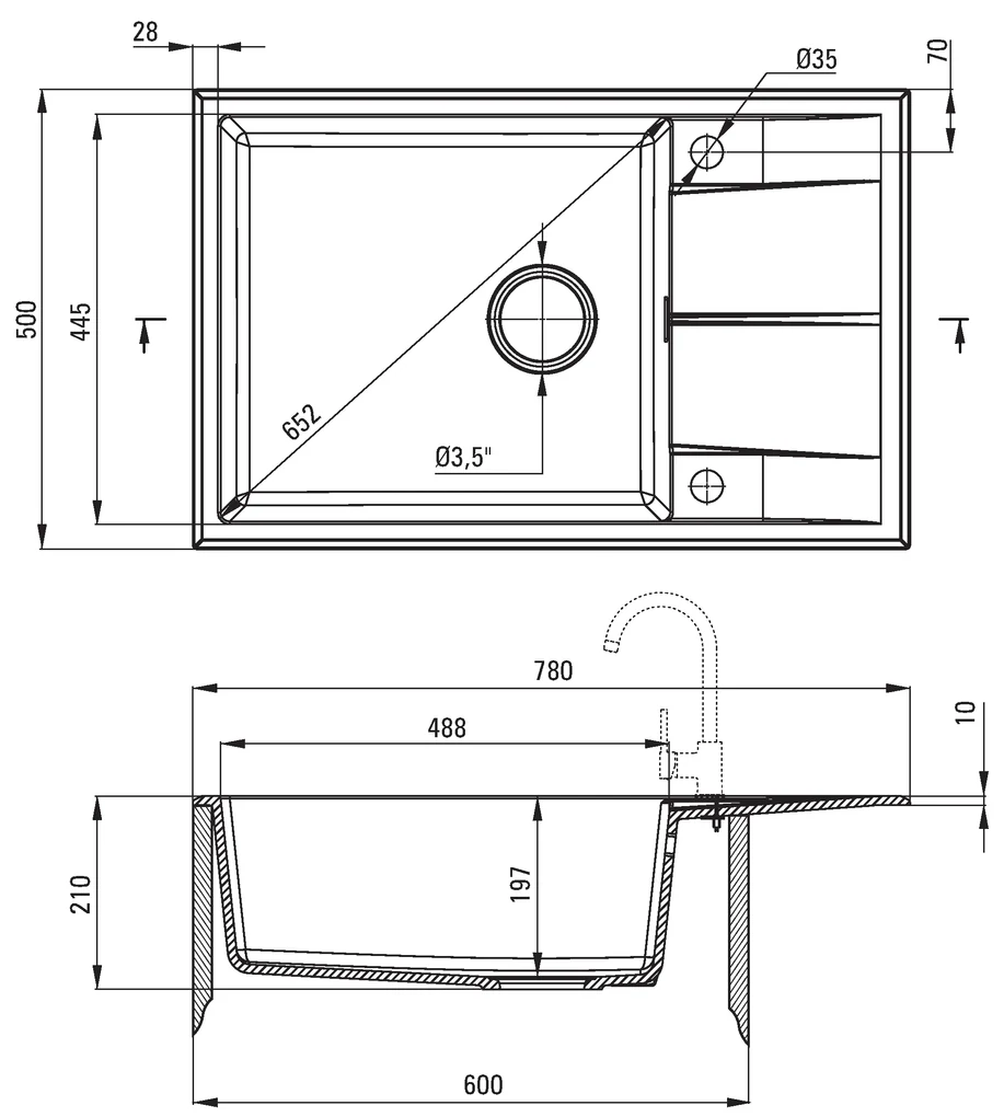 Deante Eridan, granitový drez na dosku 780x500x210 mm Z/O, 3,5" + priestorovo úsporný sifón, 1-komorový, čierna, ZQE_N11B