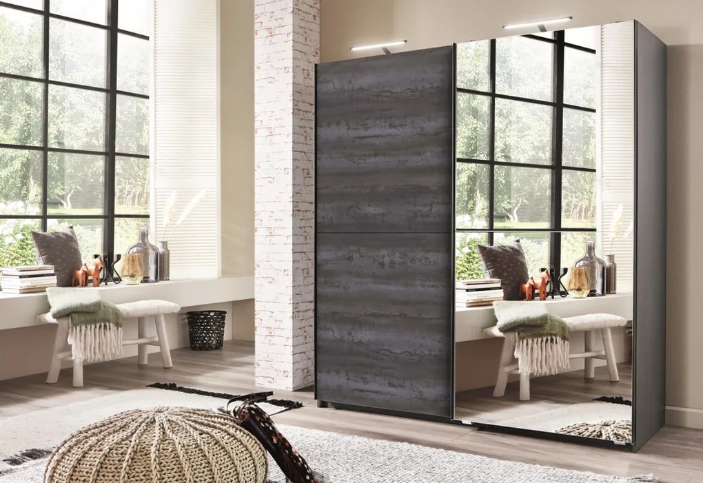 Šatníková skriňa so zrkadlom Herne, grafit / šedá oceľ