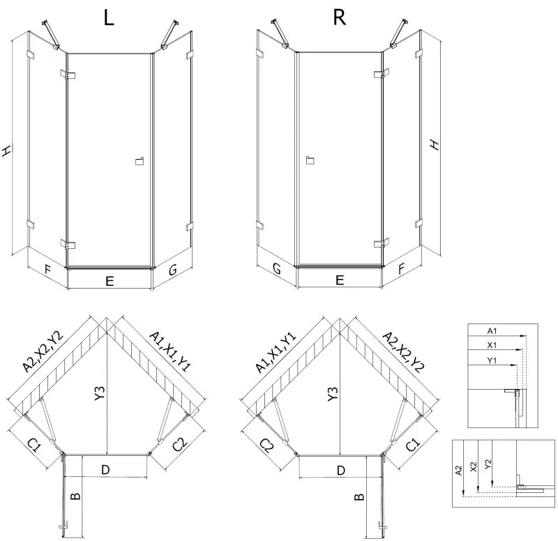 Mexen Lunar, pravý výklopný päťuholníkový sprchový kút 90 x 100 cm, 8mm číre sklo, zlatý matný profil, 831-090P-100L-55-00-P