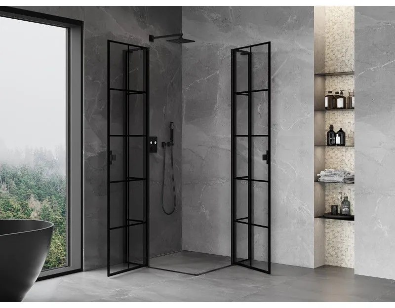 Mexen, Mexen Mist L Duo výklopný sprchový kút 95 x 95 cm, čierna mriežka - 8A4L-095L-095P-70-77
