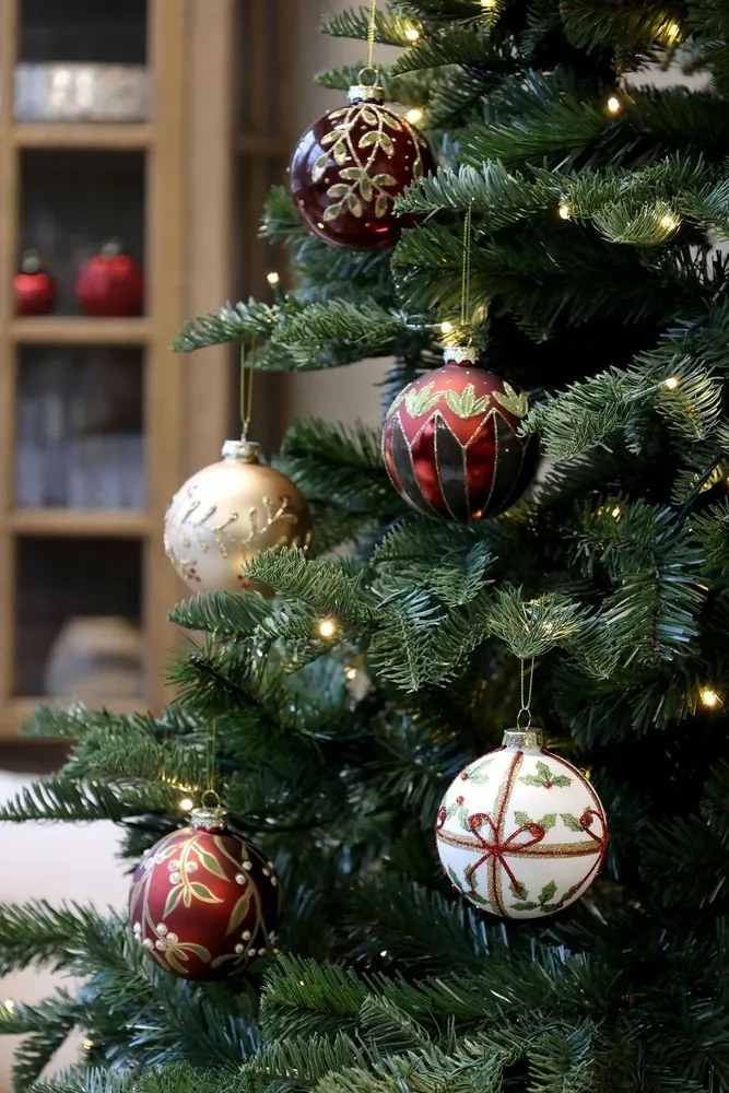 Červená sklenená vianočná ozdoba gule s imelom - Ø 8 cm