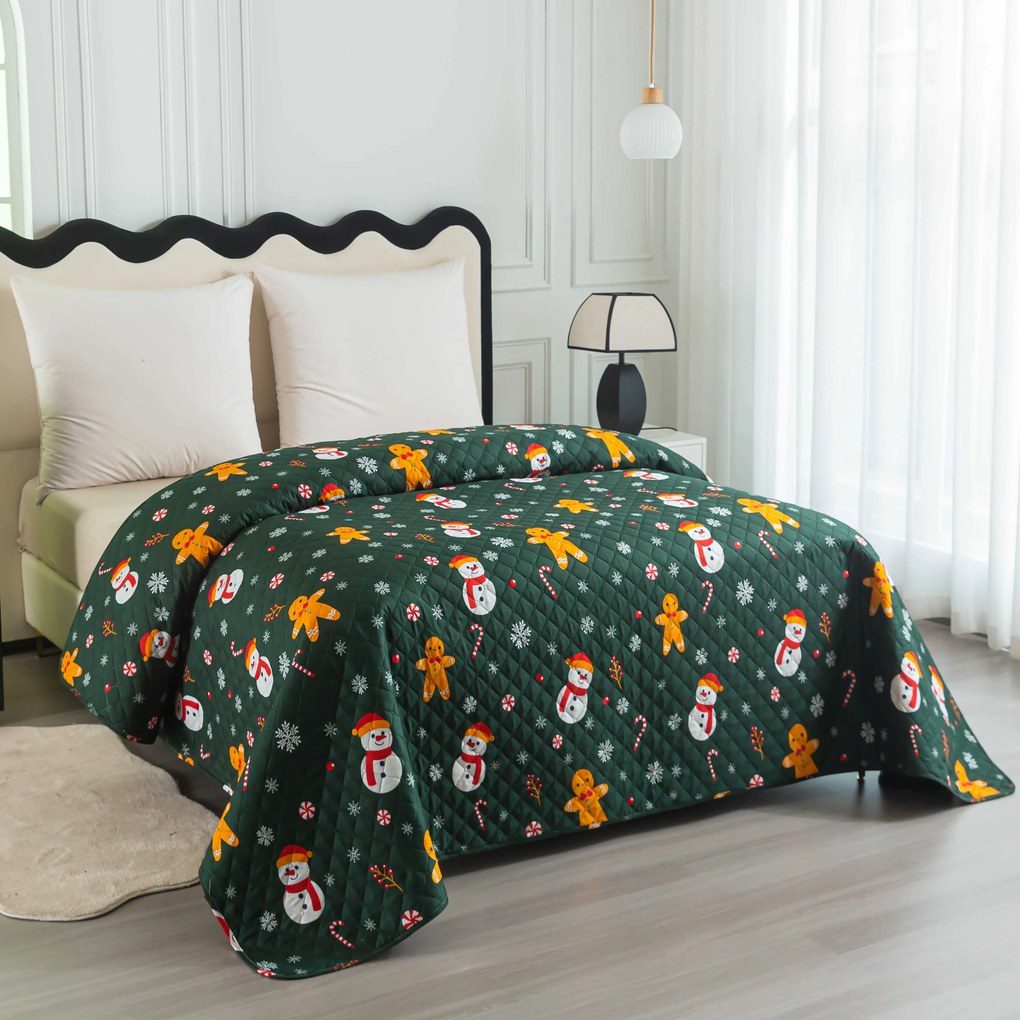 Prehoz na posteľ SNOWMAN AND GINGERBREAD, zelený Rozmer: 220 x 240 cm