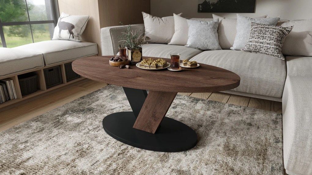 LOVA Hnedý dub/Čierny - OVÁLNY KONFERENČNÝ STOLÍK 110 × 60 cm MODERNÝ KÁVOVÝ STOLÍK