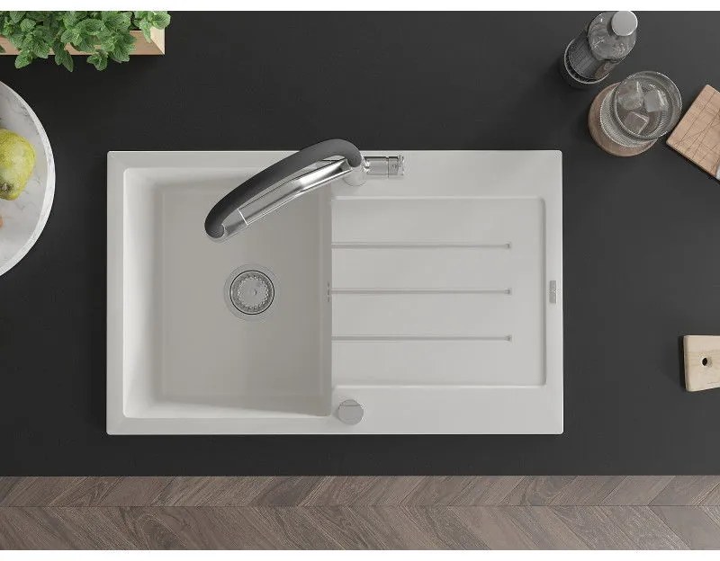 Mexen Bruno, 1-komorový granitový drez 795x495x200 mm a drezová batéria Duo, biela, 6513-20-671701-07