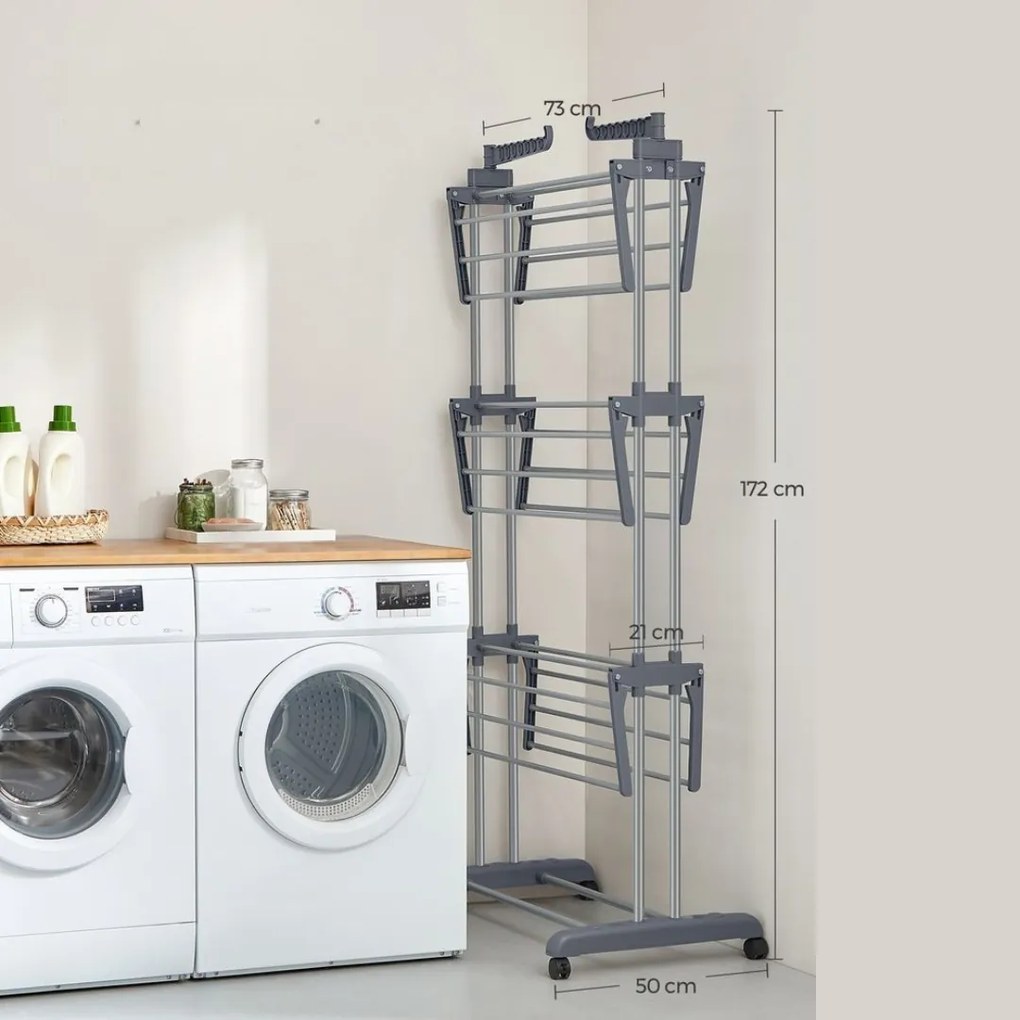 Sušiak na bielizeň ELTON so 4 úrovňami na kolieskach, 76x172x50cm, šedá SongmicsHome