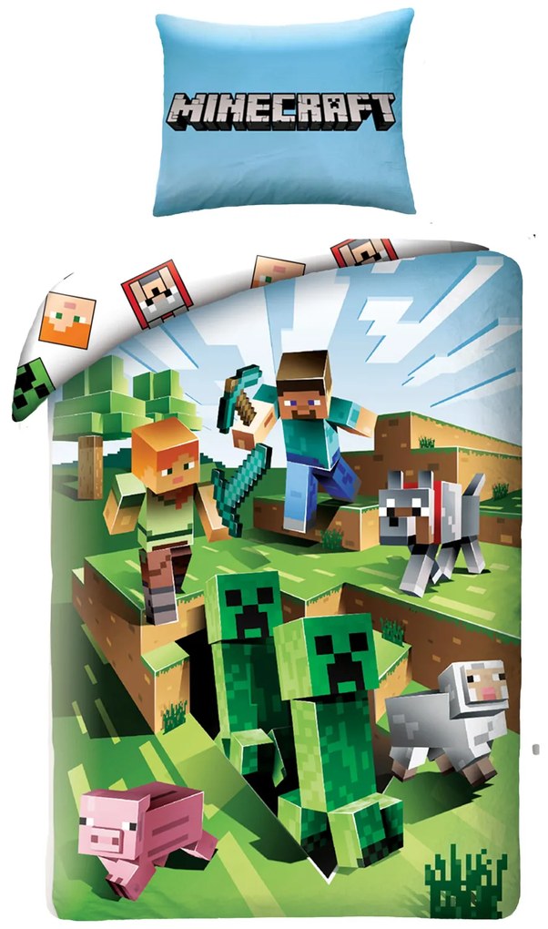 DETSKÉ POSTEĽNÉ OBLIEČKY MINECRAFT 140X200 CM, 1KS 70X90 CM VZOROVANÉ