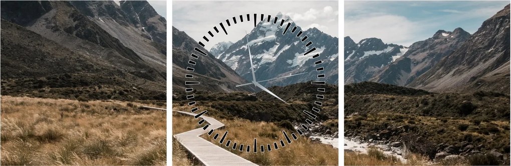Obraz - Chodník v údolí hory Mt. Cook (s hodinami) (90x30 cm)