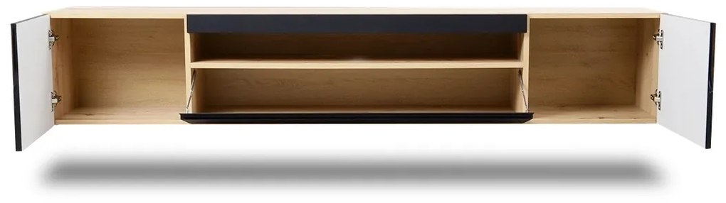 Závesná RTV skrinka Loftia 200 cm dvojdverová s výklenkom - artisan / čierny mat