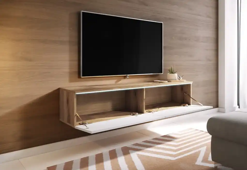 TV stolík MENDES D 140, 140x30x32, biela/siva lesk + LED | BIANO