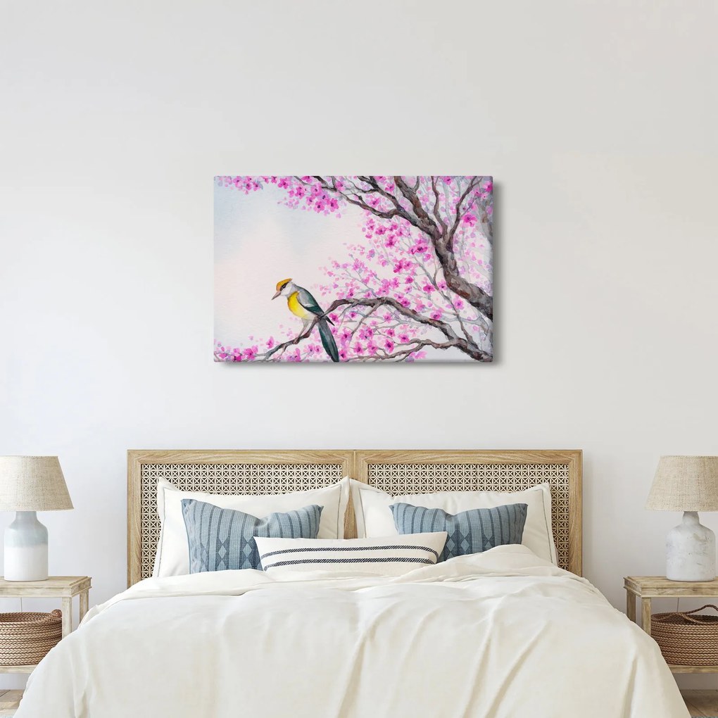 Obraz - Vtáčik na strome s ružovými kvetmi (90x60 cm)