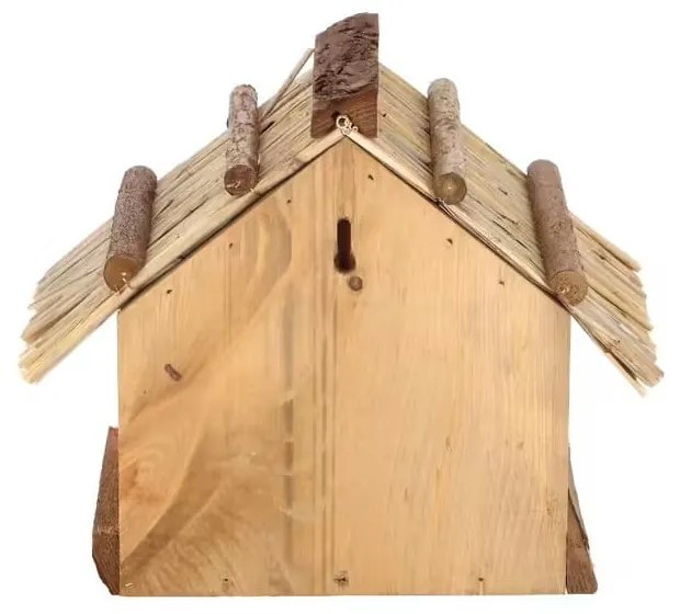 Drevené kŕmidlo so slamenou strechou Esschert Design, výška 22,8 cm