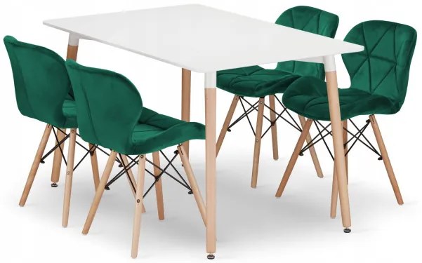 Jedálenský stôl ADRIA biely so štyrmi stoličkami LAGO zamatové zelené