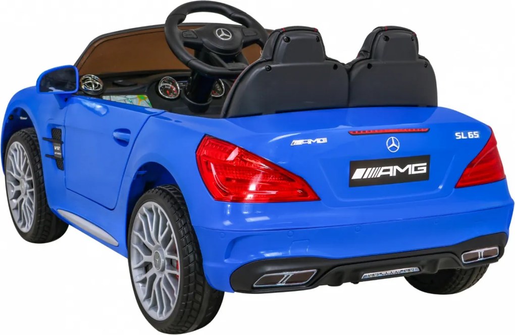 Ramiz Mercedes Benz AMG SL65 S elektrický pre deti Modrá + Diaľkové ovládanie + LED audio + Eco koža + EVA + Pomalý štart
