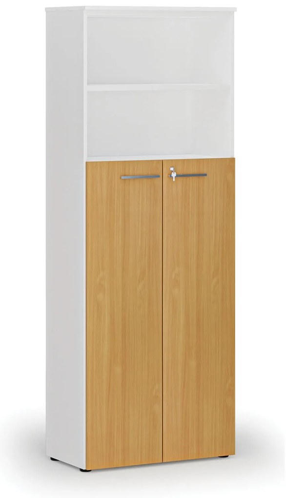 Kombinovaná kancelárska skriňa PRIMO WHITE, dvere na 4 poschodia, 800 x 420 x 2128 mm, biela/buk
