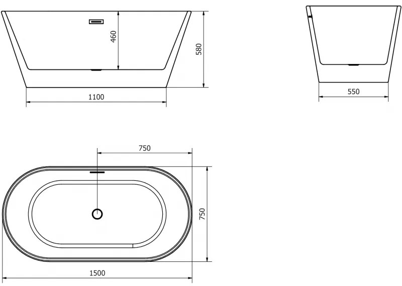 Mexen Flavia, voľne stojaca vaňa 150 x 75 cm, biela-čierna, čierny matný prepad, 54031507575-70