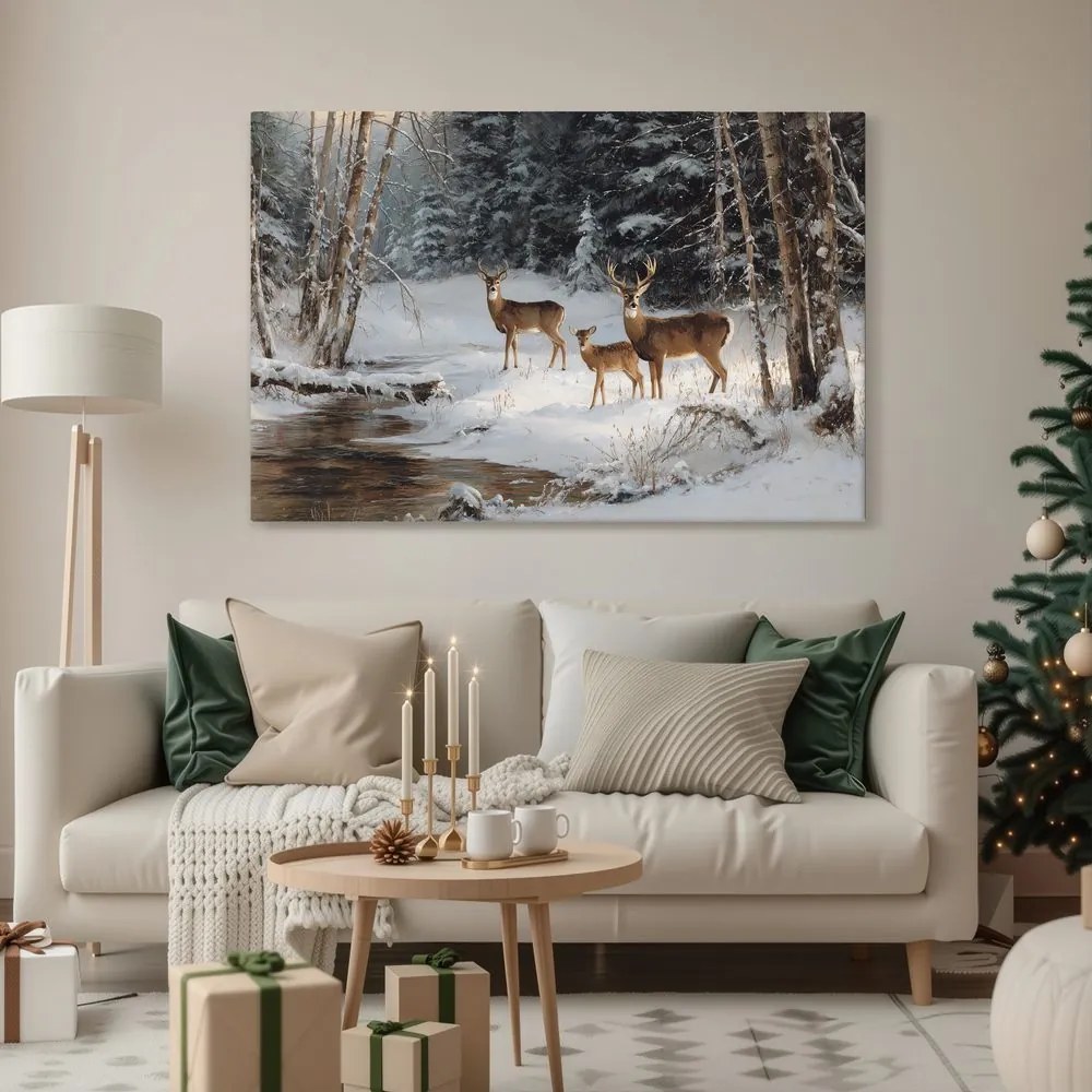 Vianočný obraz zimný les s krásnymi jeleňmi