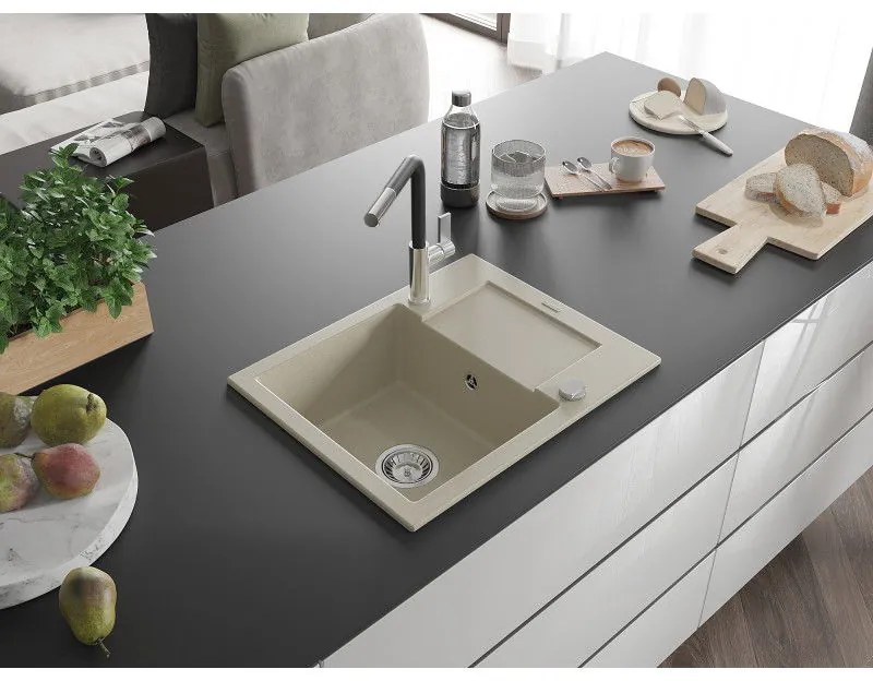 Mexen Enzo, 1-komorový granitový drez 576x465x174 mm a drezová batéria Flora, béžová, 6506-69-670401-07