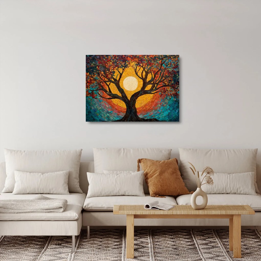 Sklenený obraz - Slnko v korune stromu života (70x50 cm)