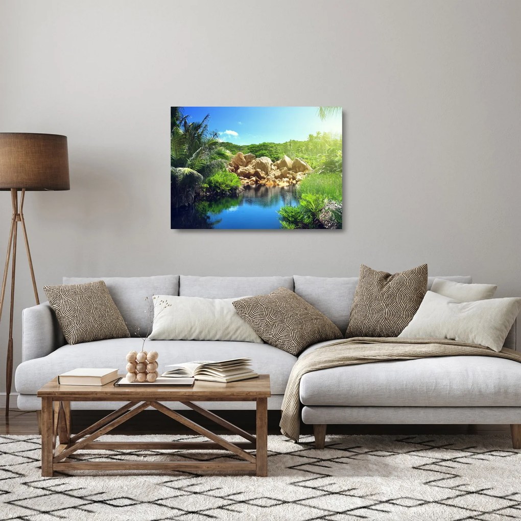 Sklenený obraz jazera v Seychelskej džungli (70x50 cm)